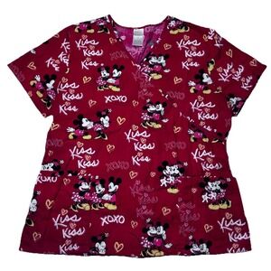 Disney Mickey Minnie Scrub Top Large Valentine XOXO Nurse Medical Uniform